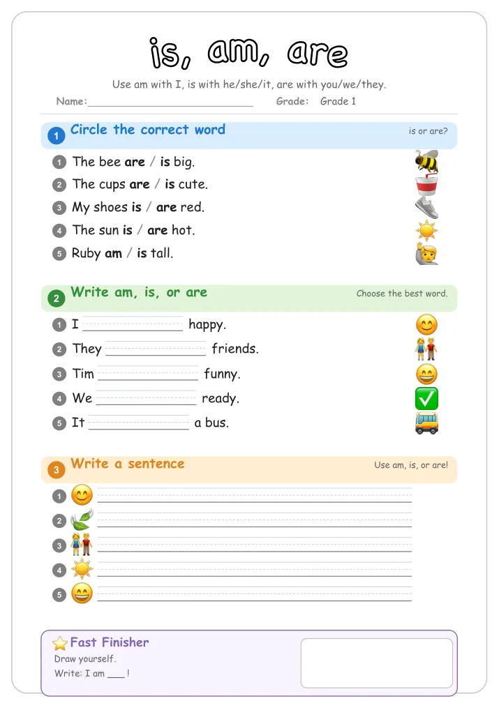 is, am, are β Free Grade 1 Grammar Worksheet (Space)