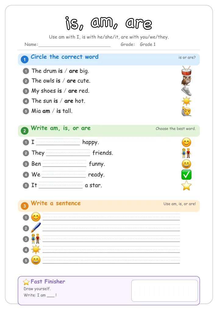 is, am, are β Free Grade 1 Grammar Worksheet (Animals)