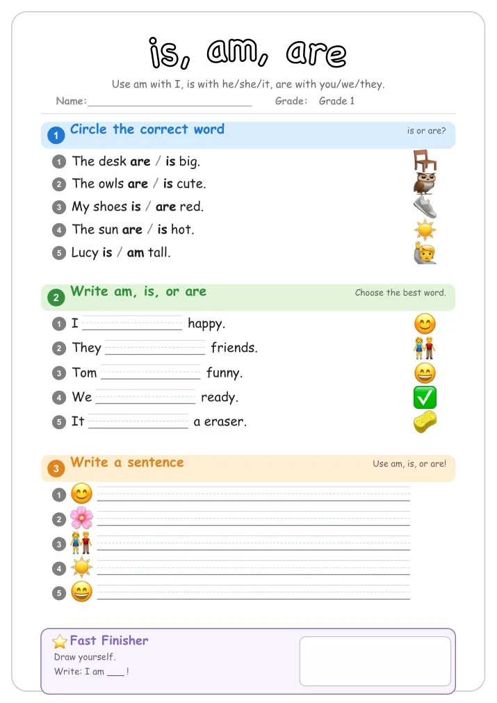 is, am, are β Free Grade 1 Grammar Worksheet (Family)