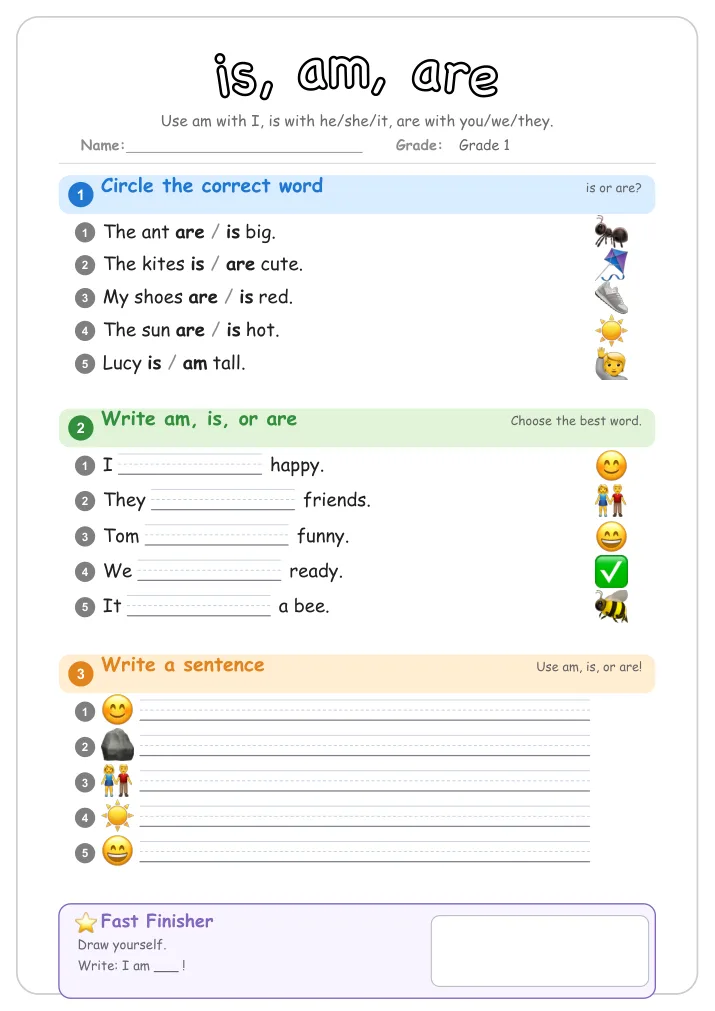 is, am, are β Free Grade 1 Grammar Worksheet (Ocean)