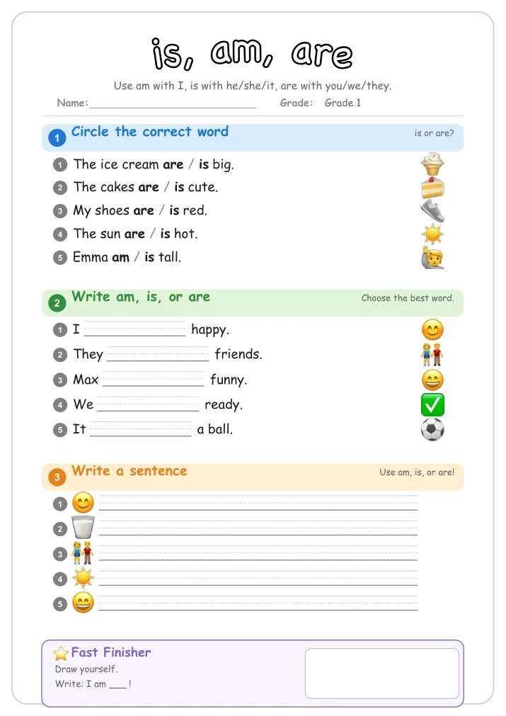 is, am, are β Free Grade 1 Grammar Worksheet (Fruit)