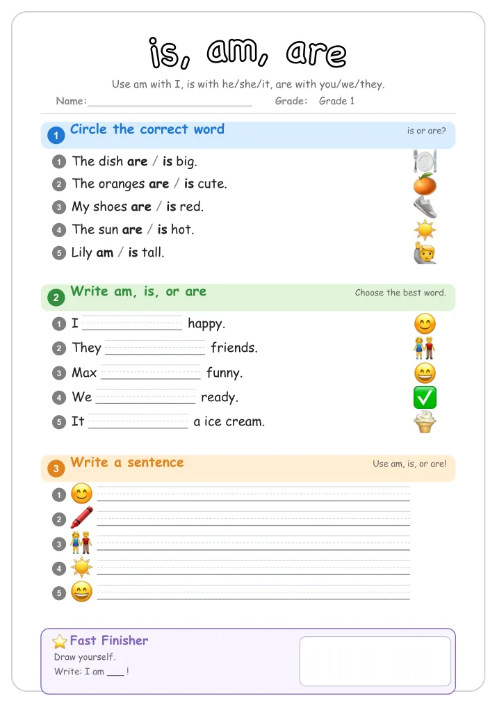 is, am, are β Free Grade 1 Grammar Worksheet (Pets)