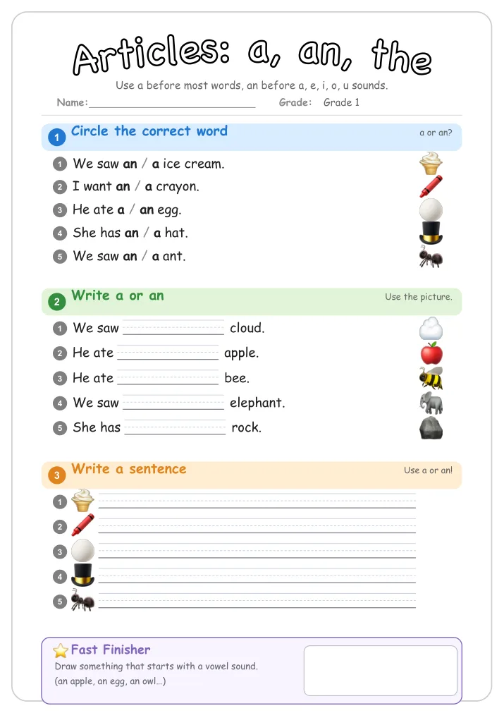 Articles: a, an, the β Free Grade 1 Grammar Worksheet (Food)