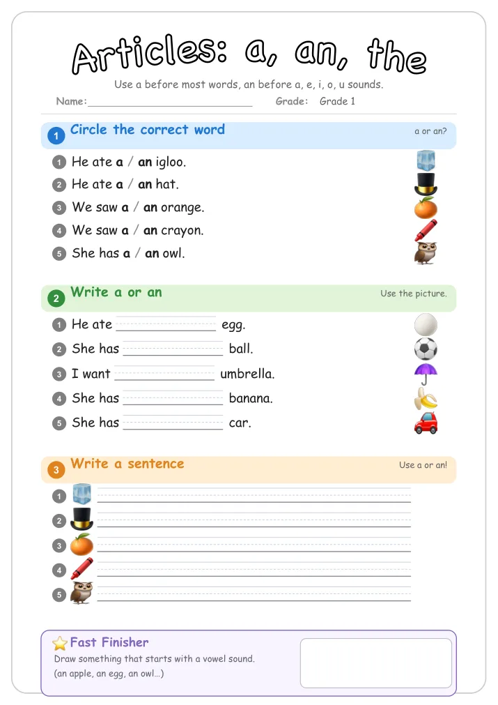 Articles: a, an, the β Free Grade 1 Grammar Worksheet (School)