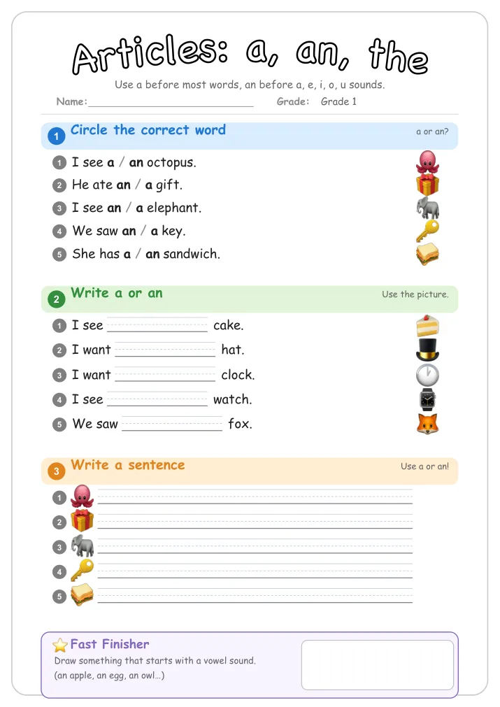 Articles: a, an, the β Free Grade 1 Grammar Worksheet (Animals)