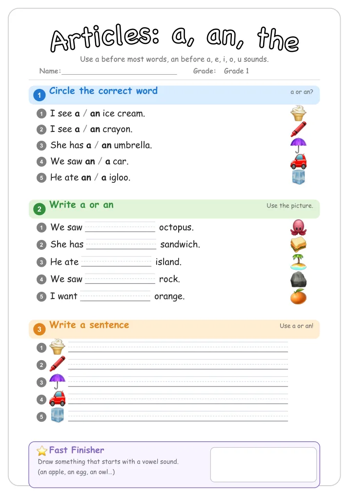 Articles: a, an, the β Free Grade 1 Grammar Worksheet (Farm)