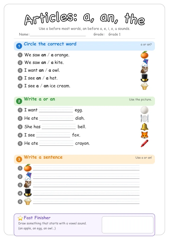 Articles: a, an, the β Free Grade 1 Grammar Worksheet (Toys)