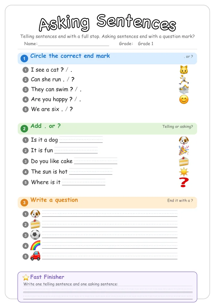 Asking Sentences β Free Grade 1 Grammar Worksheet (Bugs)