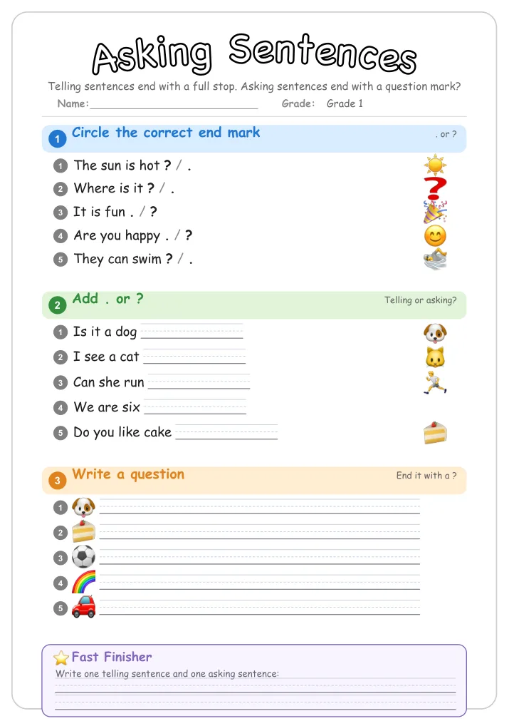 Asking Sentences β Free Grade 1 Grammar Worksheet (Jungle)
