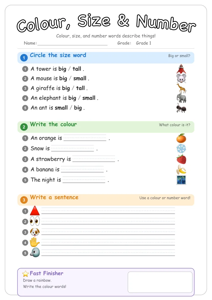 Colour, Size & Number β Free Grade 1 Grammar Worksheet (Nature)