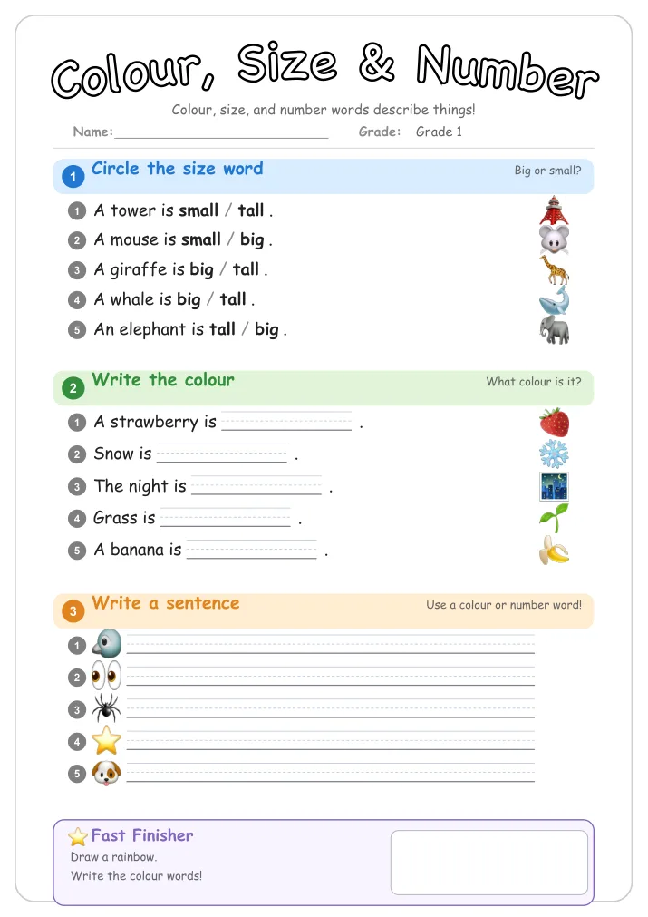 Colour, Size & Number β Free Grade 1 Grammar Worksheet (Weather)