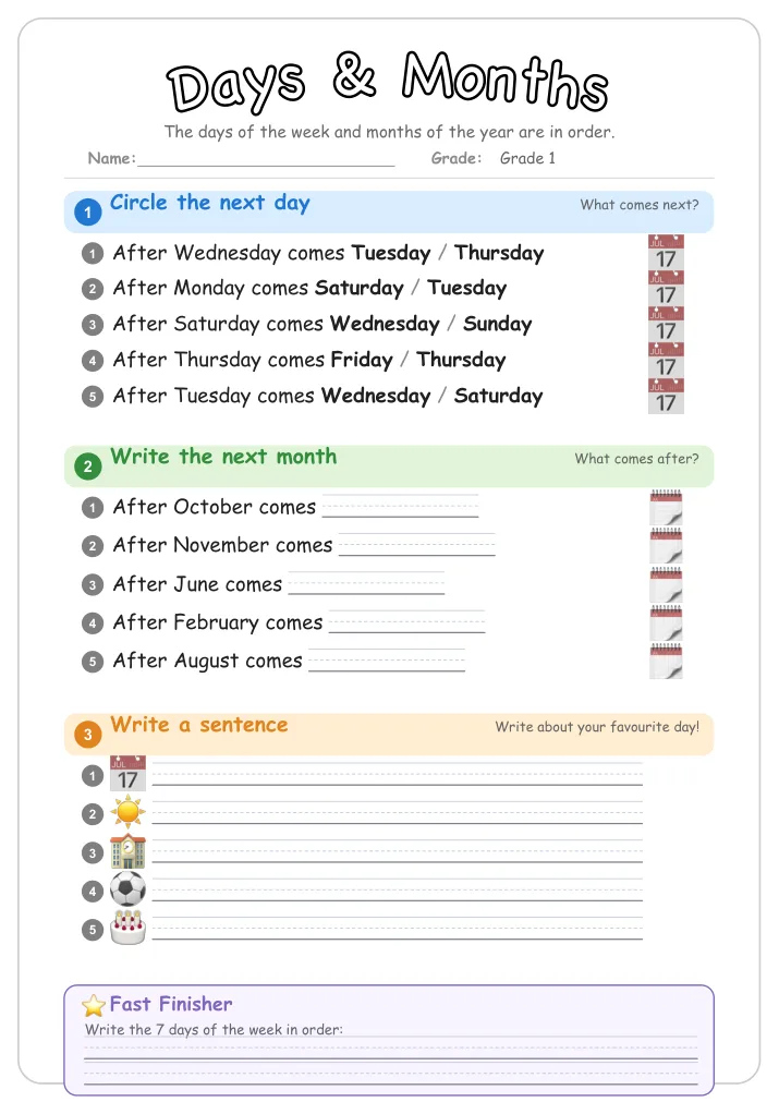 Days & Months β Free Grade 1 Grammar Worksheet (Ocean)