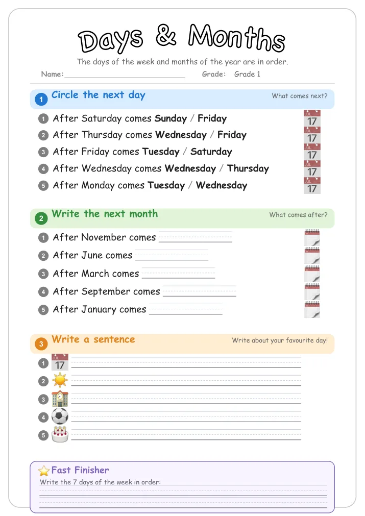 Days & Months β Free Grade 1 Grammar Worksheet (Pets)