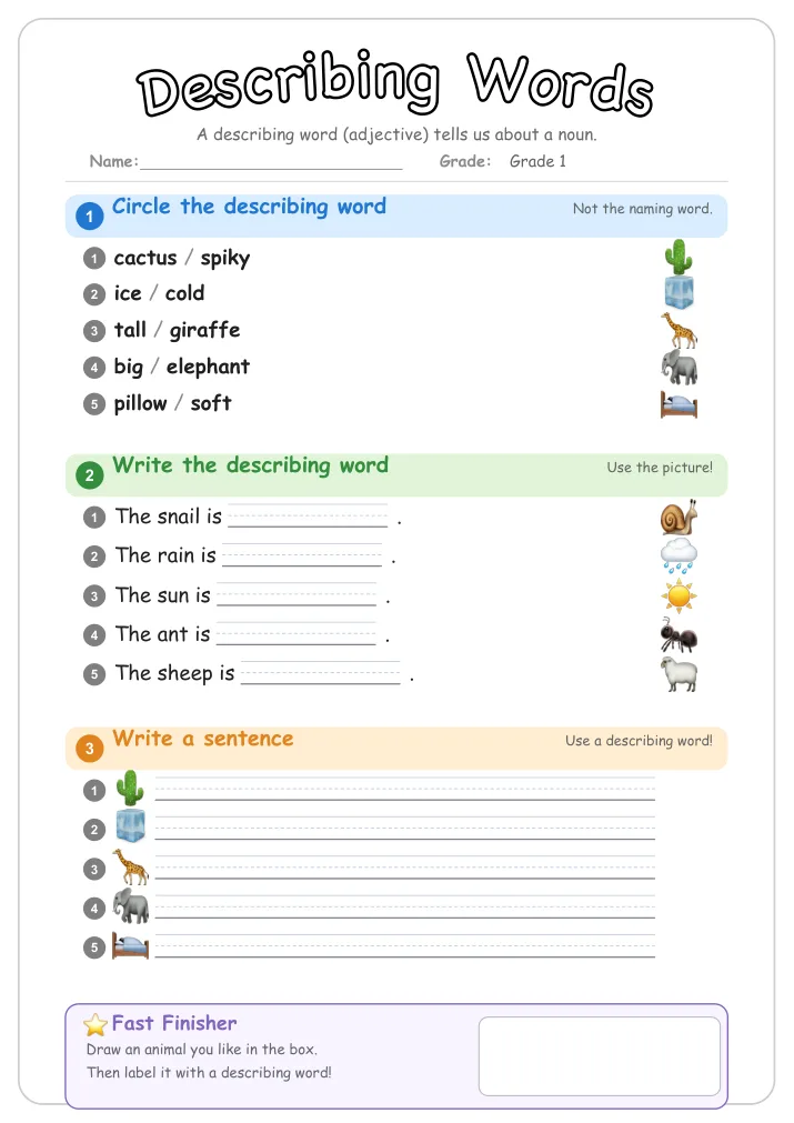Describing Words β Free Grade 1 Grammar Worksheet (Pets)