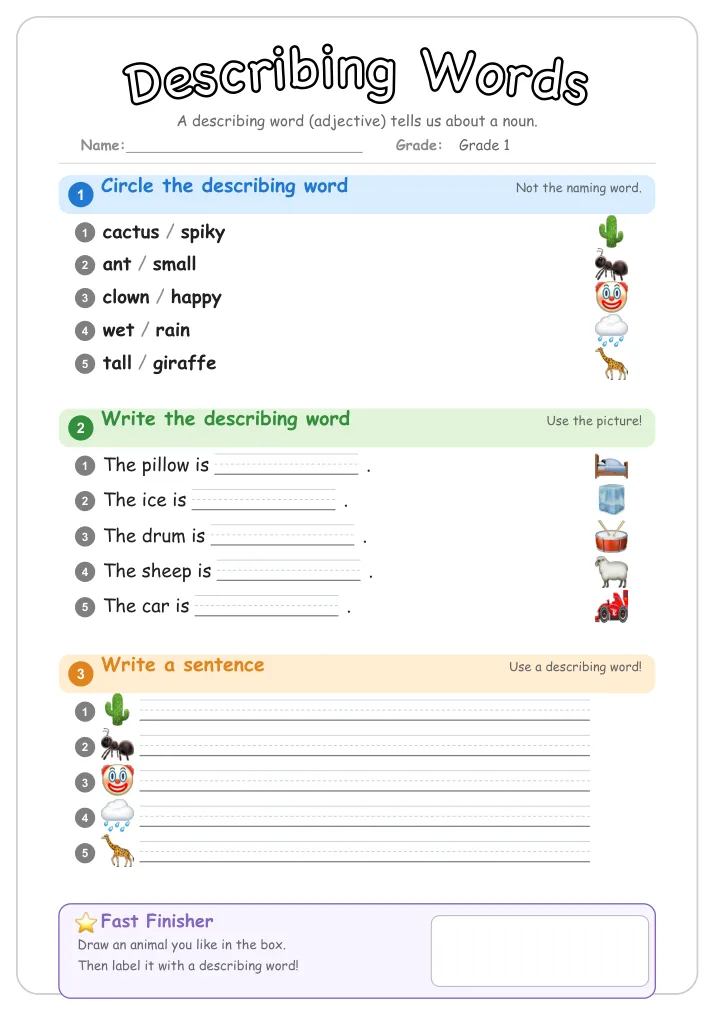 Describing Words β Free Grade 1 Grammar Worksheet (Farm)