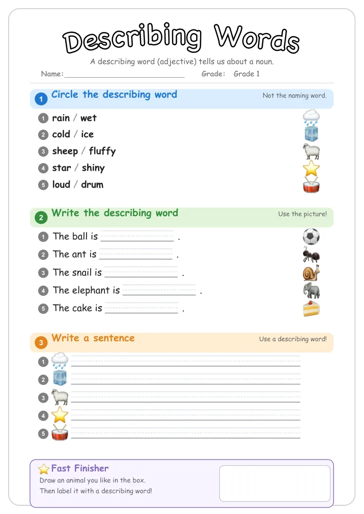 Describing Words β Free Grade 1 Grammar Worksheet (Weather)