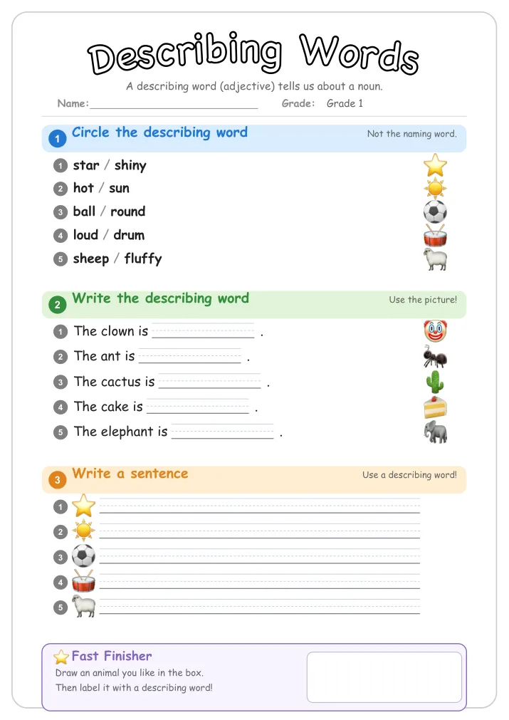 Describing Words β Free Grade 1 Grammar Worksheet (Nature)