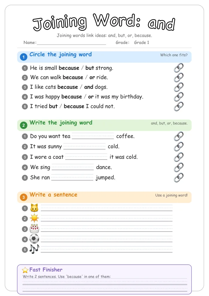 Joining Word: and β Free Grade 1 Grammar Worksheet (Holidays)