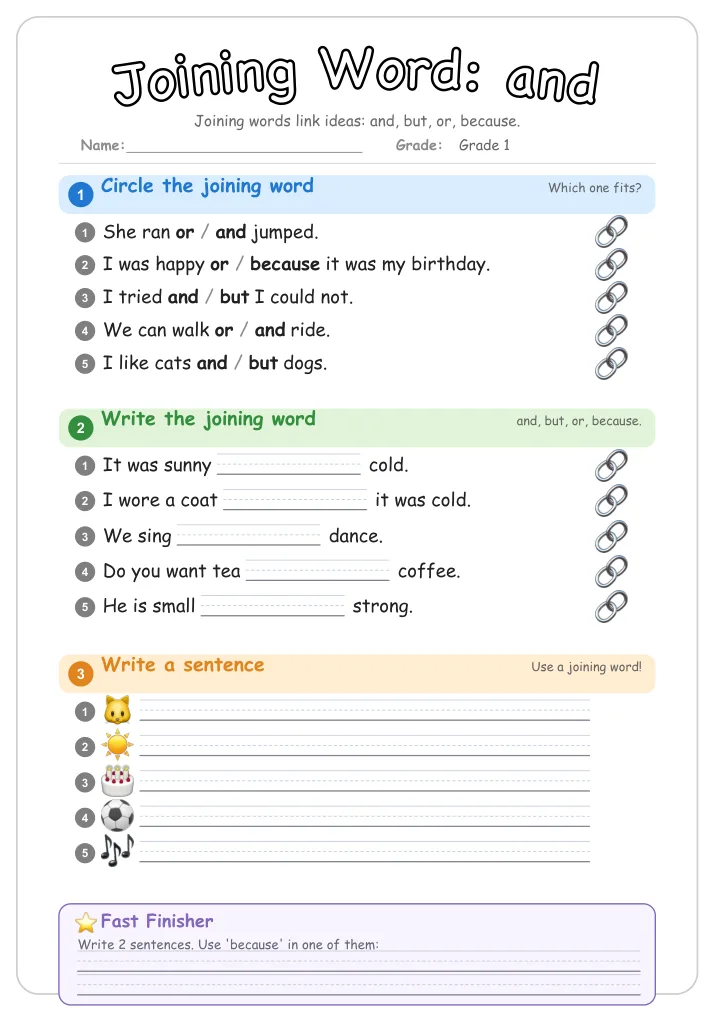 Joining Word: and β Free Grade 1 Grammar Worksheet (Jungle)