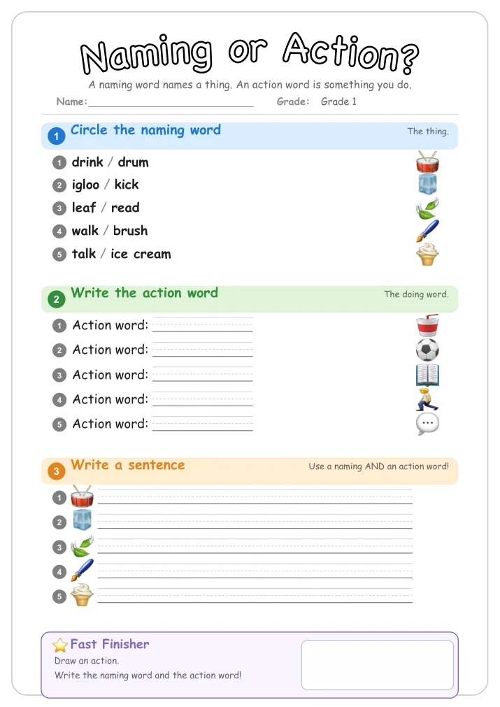 Naming or Action? β Free Grade 1 Grammar Worksheet (Space)