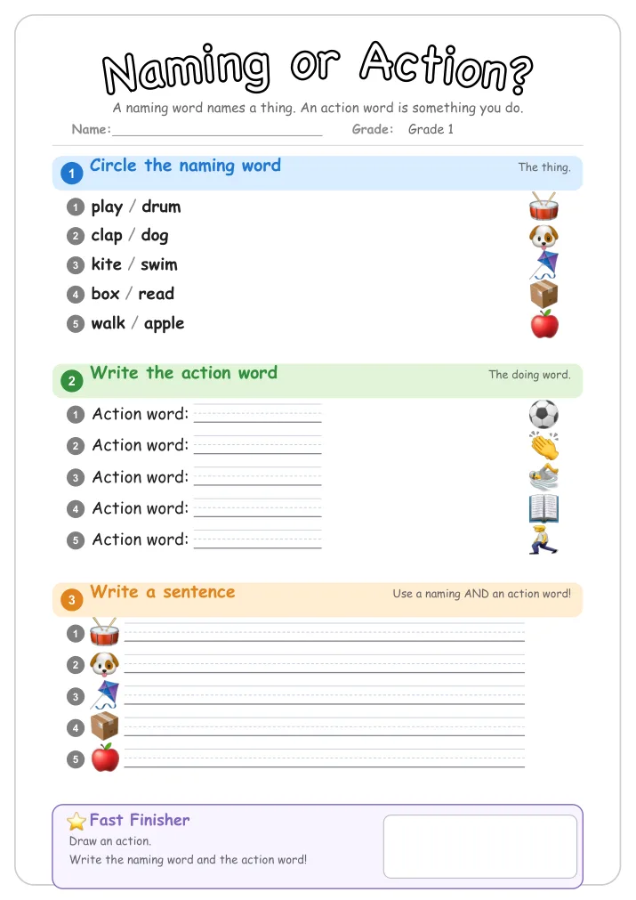 Naming or Action? β Free Grade 1 Grammar Worksheet (Vehicles)