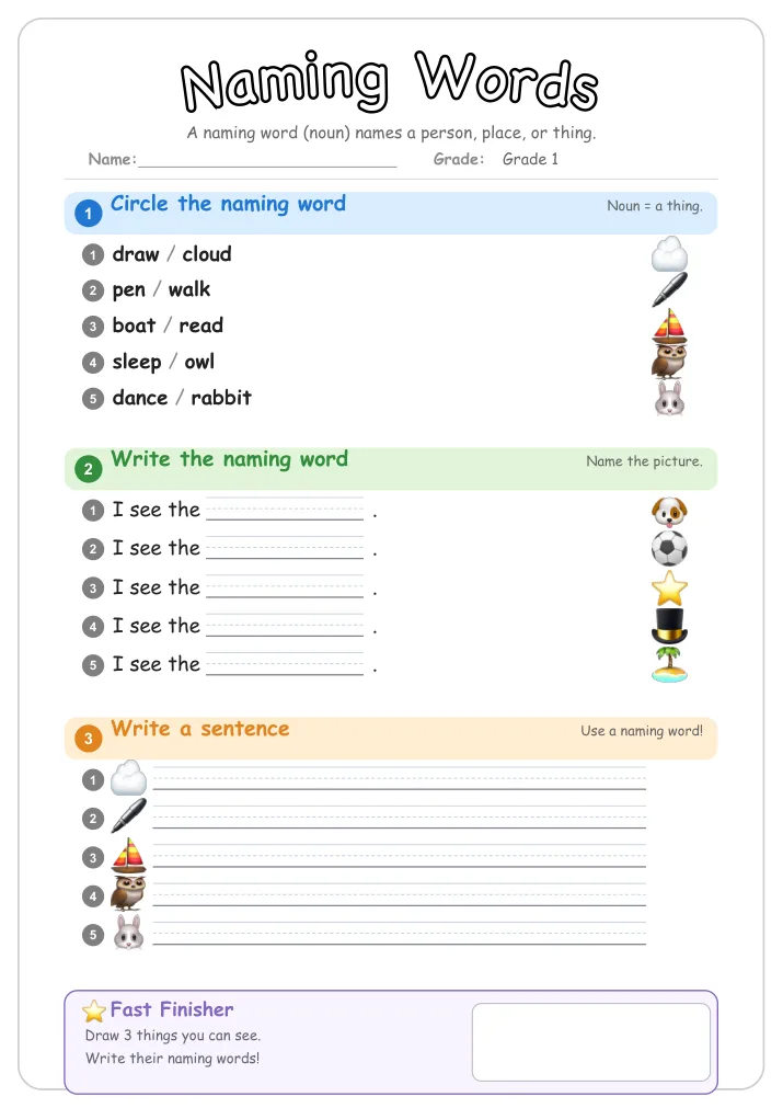 Naming Words β Free Grade 1 Grammar Worksheet (Jungle)