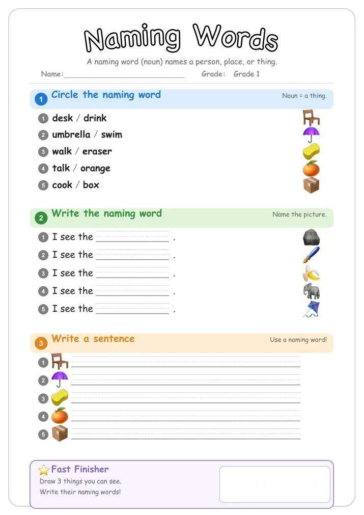 Naming Words β Free Grade 1 Grammar Worksheet (Sports)