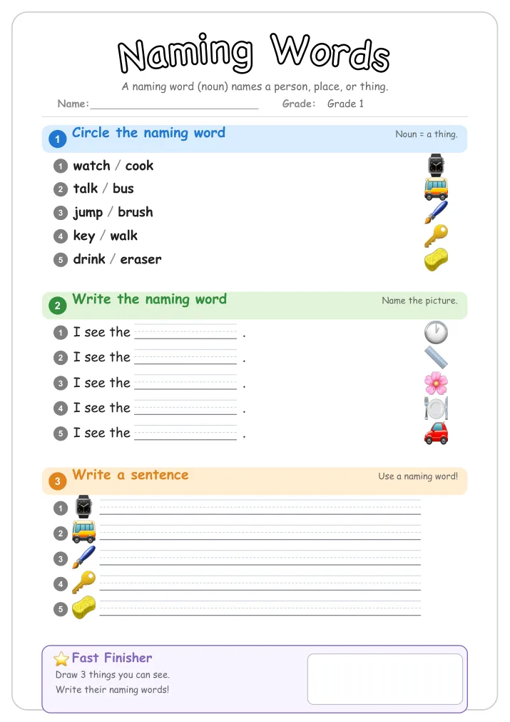 Naming Words β Free Grade 1 Grammar Worksheet (Animals)