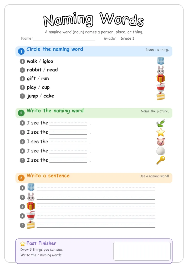 Naming Words β Free Grade 1 Grammar Worksheet (Farm)