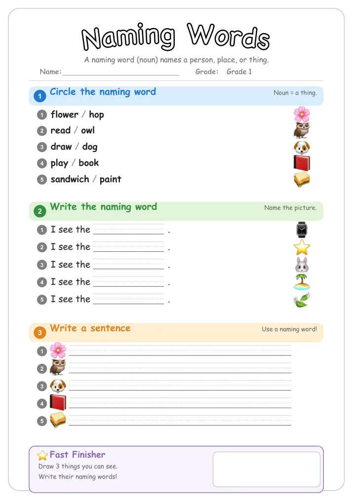 Naming Words β Free Grade 1 Grammar Worksheet (Community)