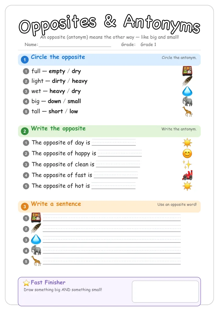 Opposites & Antonyms β Free Grade 1 Grammar Worksheet (Toys)