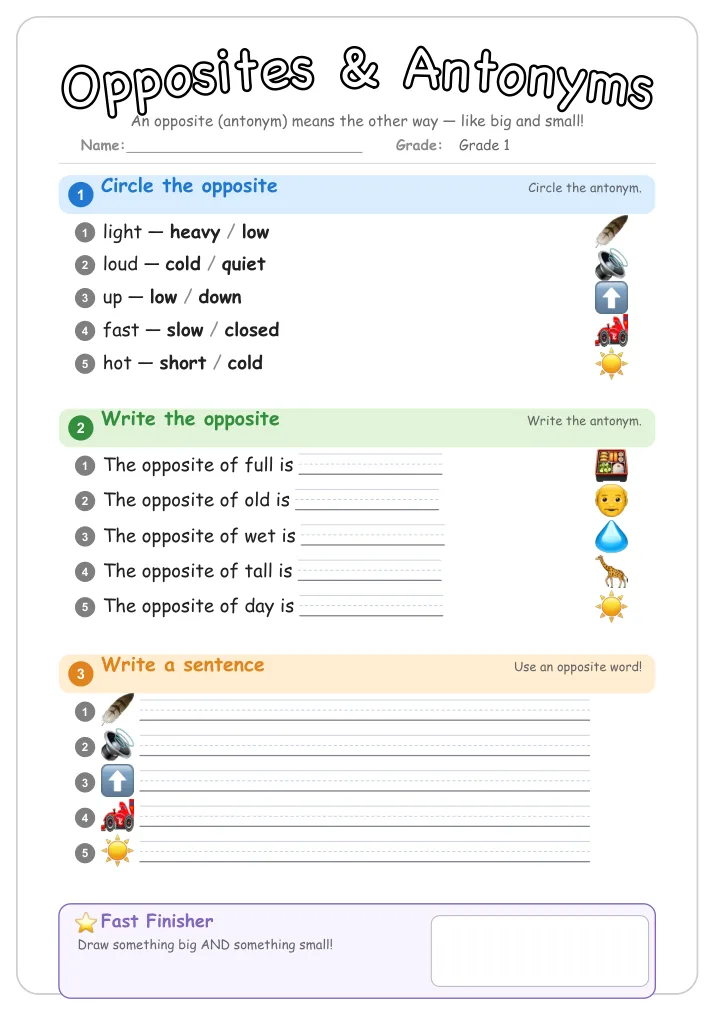 Opposites & Antonyms β Free Grade 1 Grammar Worksheet (Farm)