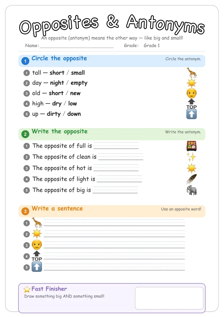 Opposites & Antonyms β Free Grade 1 Grammar Worksheet (Jungle)