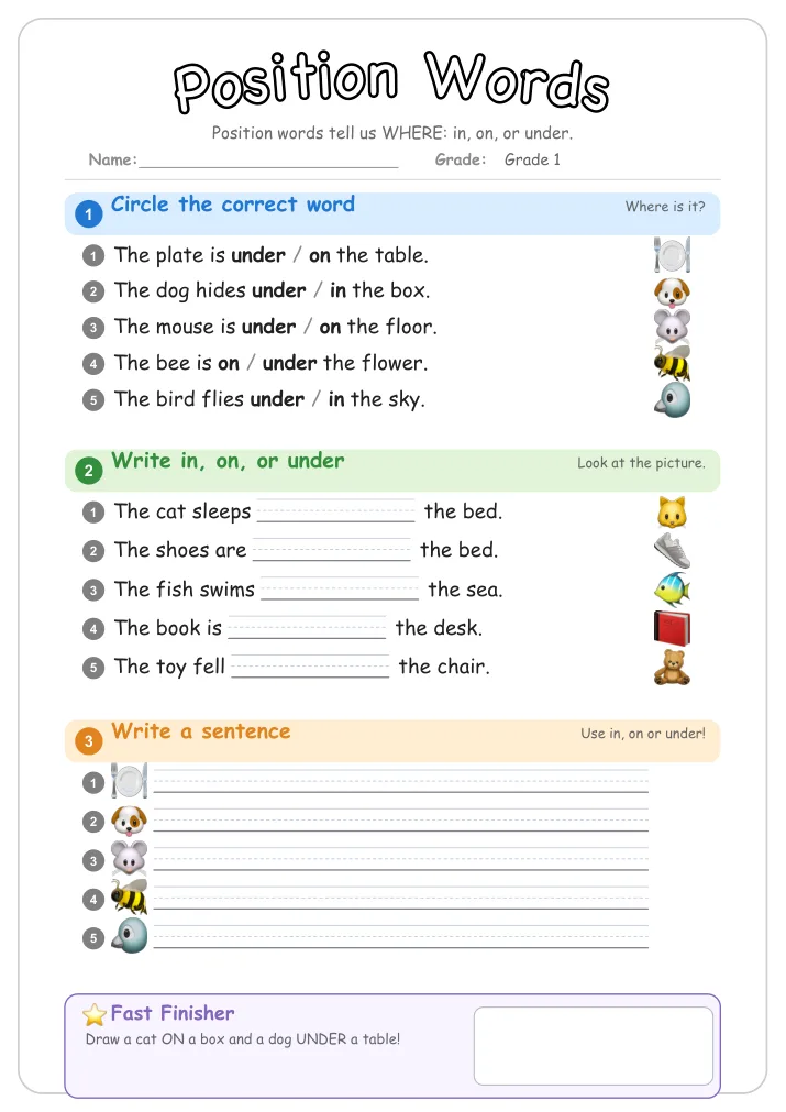 Position Words β Free Grade 1 Grammar Worksheet (Plants)