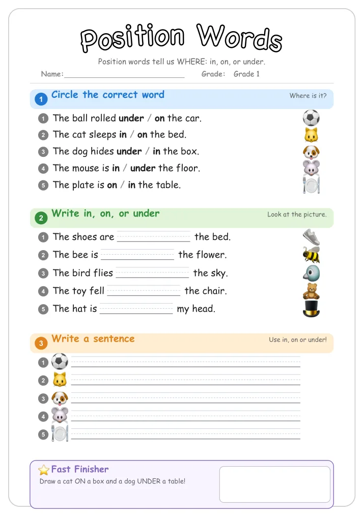 Position Words β Free Grade 1 Grammar Worksheet (Nature)