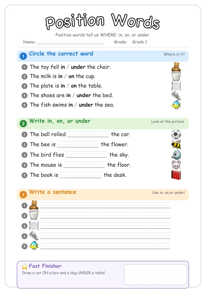 Position Words β Free Grade 1 Grammar Worksheet (Ocean)
