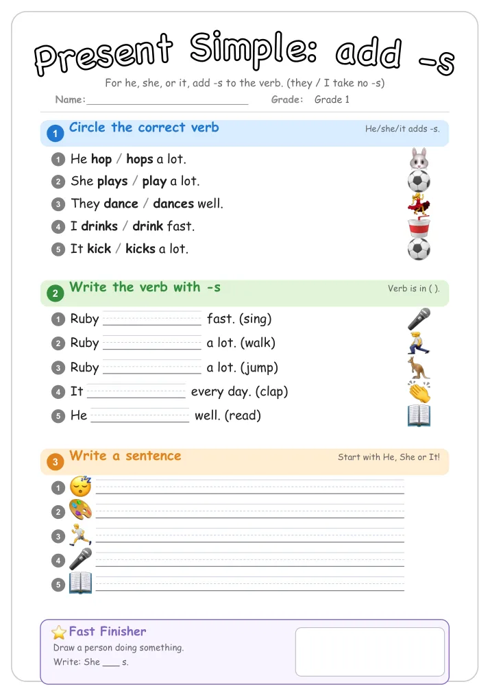 Present Simple: add -s β Free Grade 1 Grammar Worksheet (Farm)