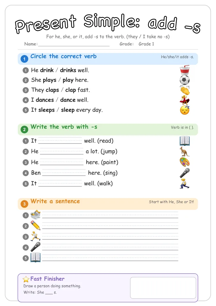 Present Simple: add -s β Free Grade 1 Grammar Worksheet (Sports)