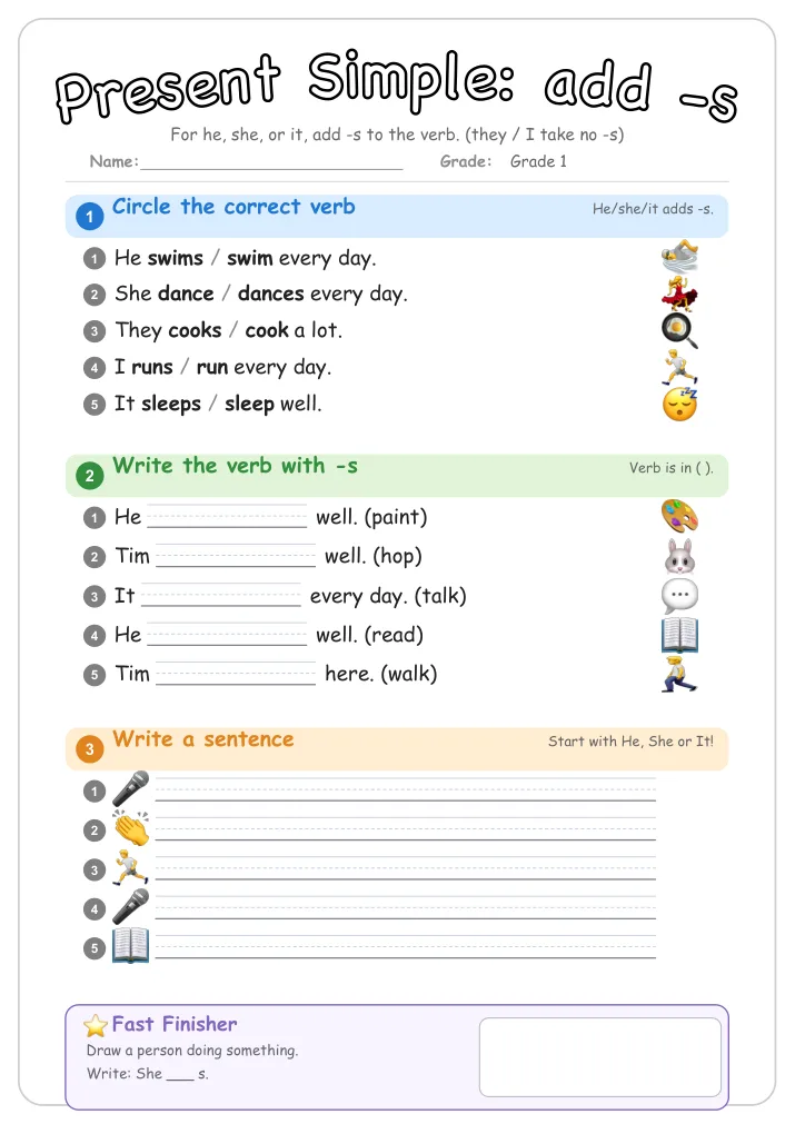 Present Simple: add -s β Free Grade 1 Grammar Worksheet (Community)