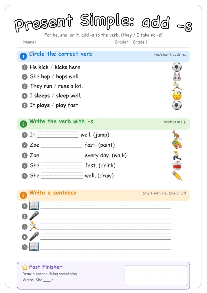 Present Simple: add -s β Free Grade 1 Grammar Worksheet (Toys)
