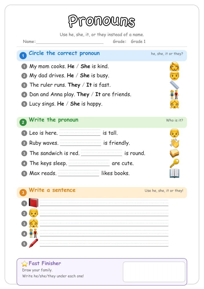 Pronouns β Free Grade 1 Grammar Worksheet (Bugs)