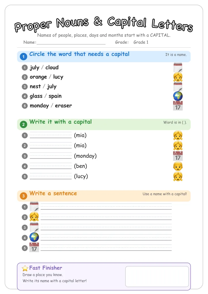 Proper Nouns & Capital Letters β Free Grade 1 Grammar Worksheet (Family)
