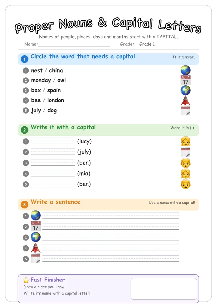 Proper Nouns & Capital Letters β Free Grade 1 Grammar Worksheet (Ocean)