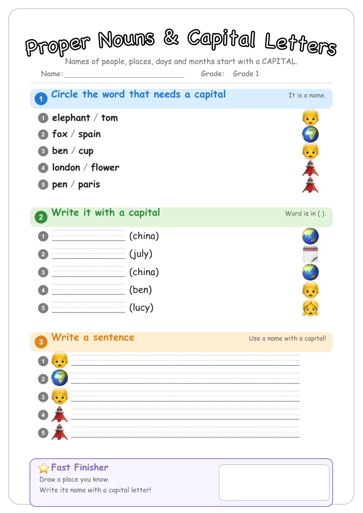 Proper Nouns & Capital Letters β Free Grade 1 Grammar Worksheet (Fruit)