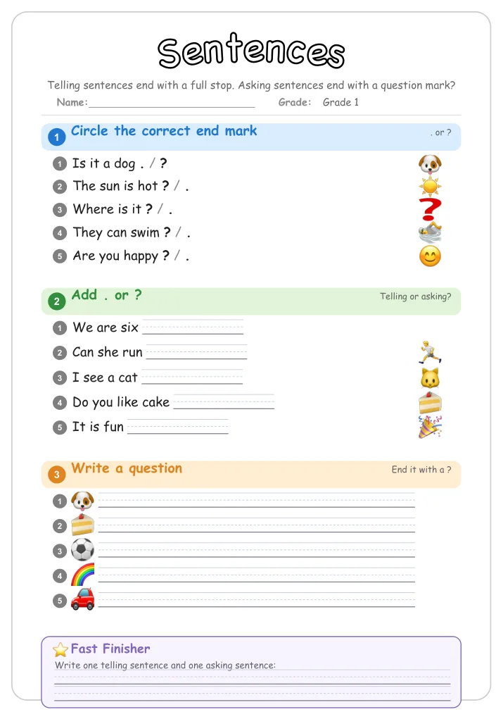 Sentences β Free Grade 1 Grammar Worksheet (Animals)
