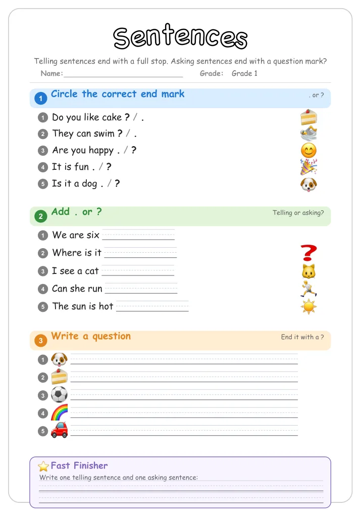Sentences β Free Grade 1 Grammar Worksheet (School)