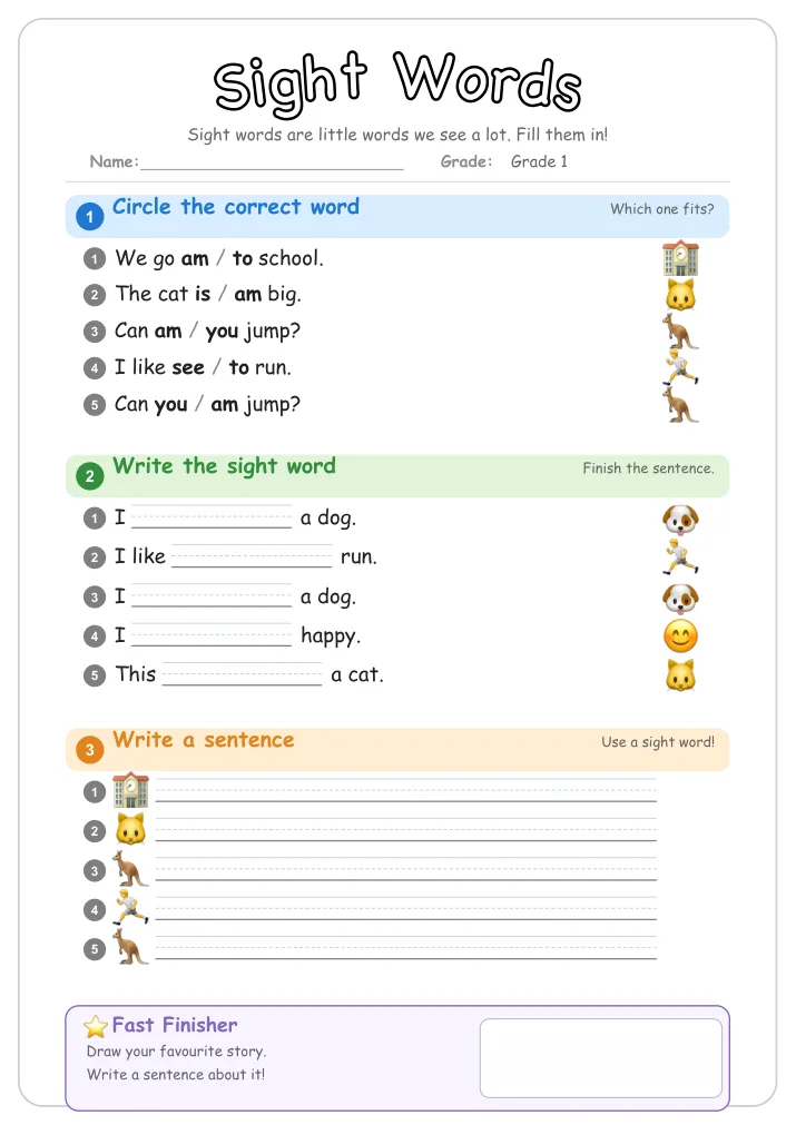Sight Words β Free Grade 1 Grammar Worksheet (Animals)
