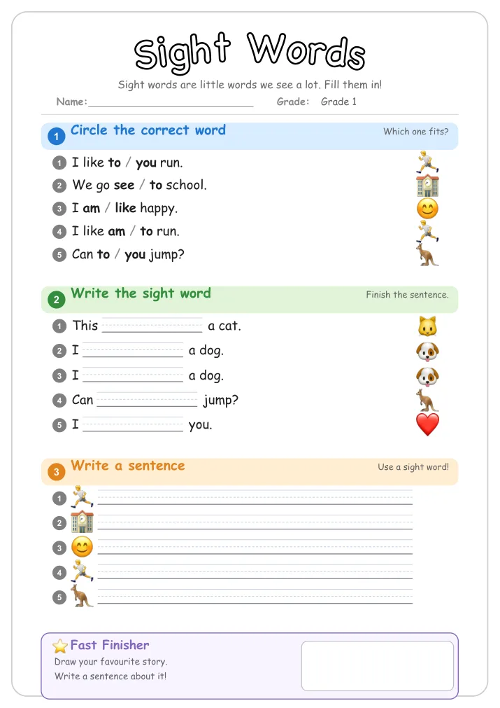 Sight Words β Free Grade 1 Grammar Worksheet (Bugs)