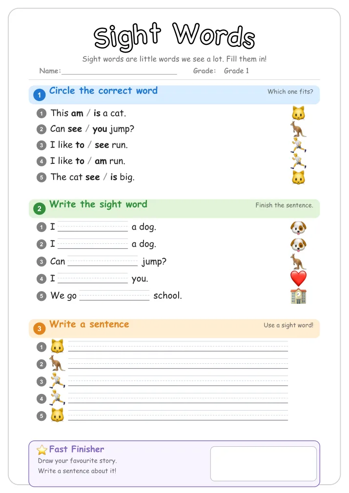 Sight Words β Free Grade 1 Grammar Worksheet (Jungle)