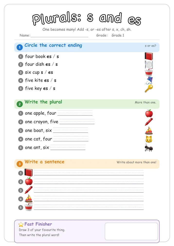 Plurals: s and es β Free Grade 1 Grammar Worksheet (Seasons)